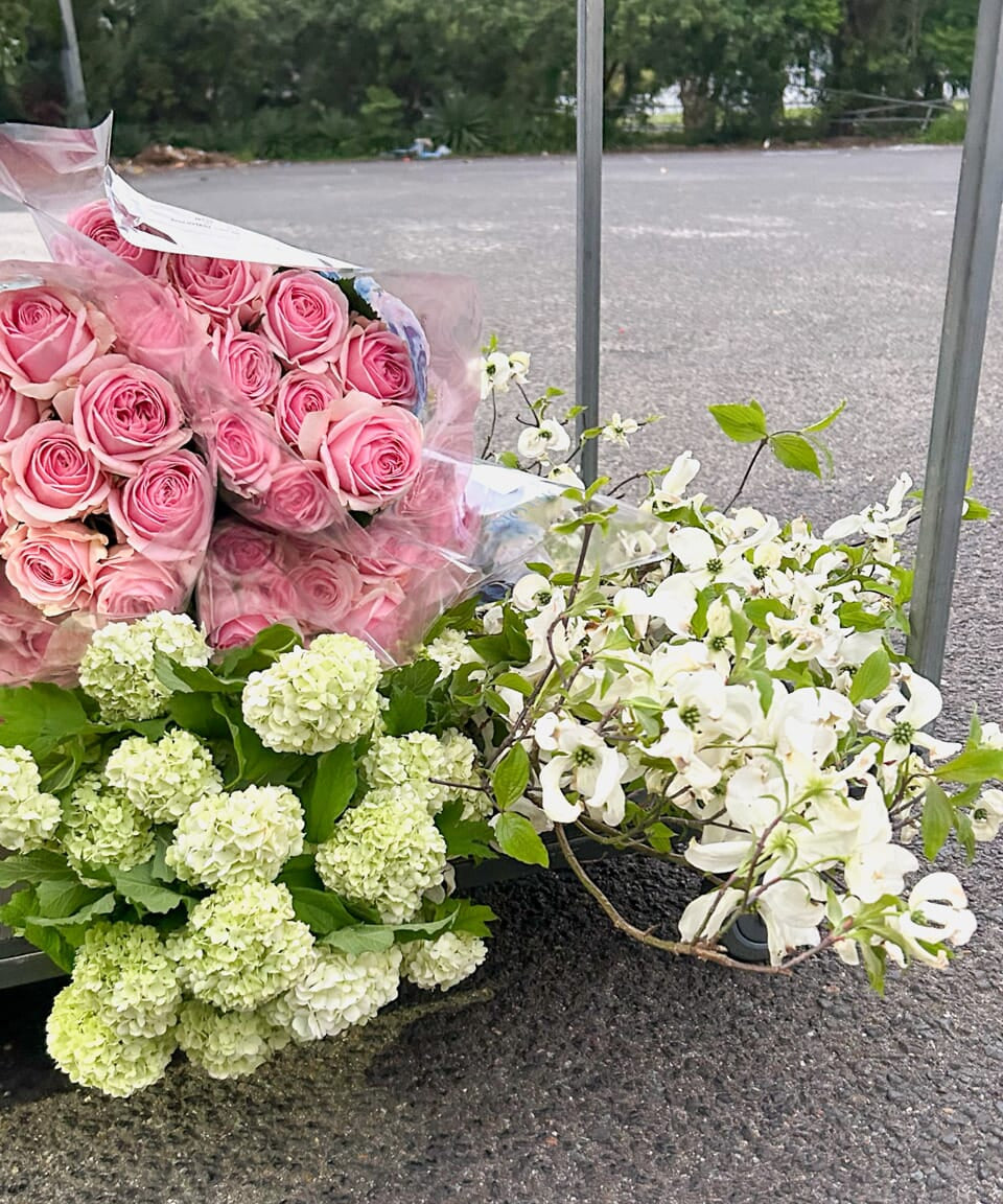 Pink and White Flowers on a trolley - Poppy Rose flower Delivery Brisbane